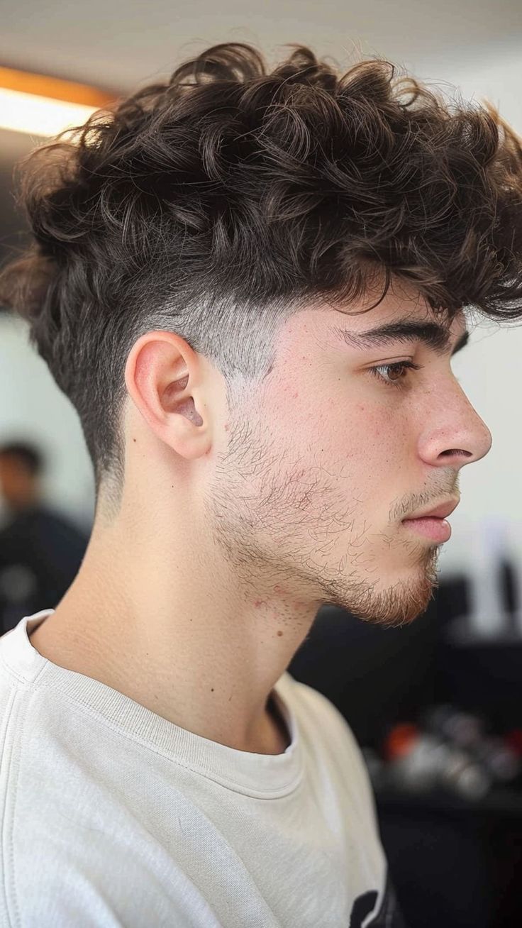 mullet fade curly hair men